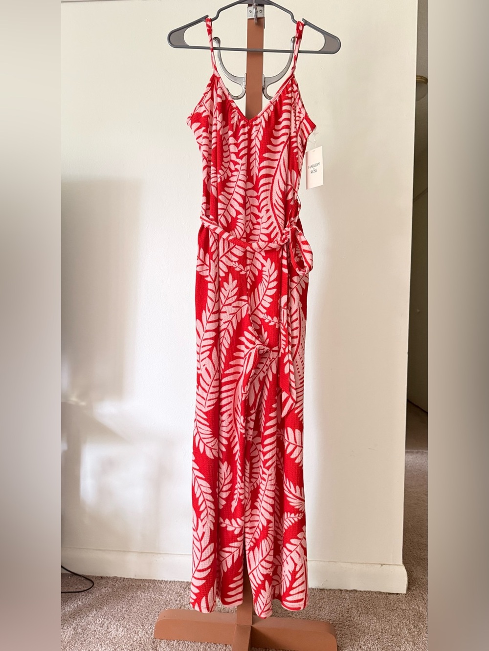 Sleeveless Red Leaf-Print Jumpsuit with Tie Waist